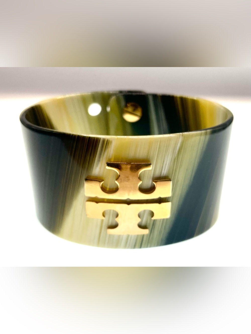 Tory Burch Striped Resin Double T Logo Cuff Bracelet Adjustable 2.5”